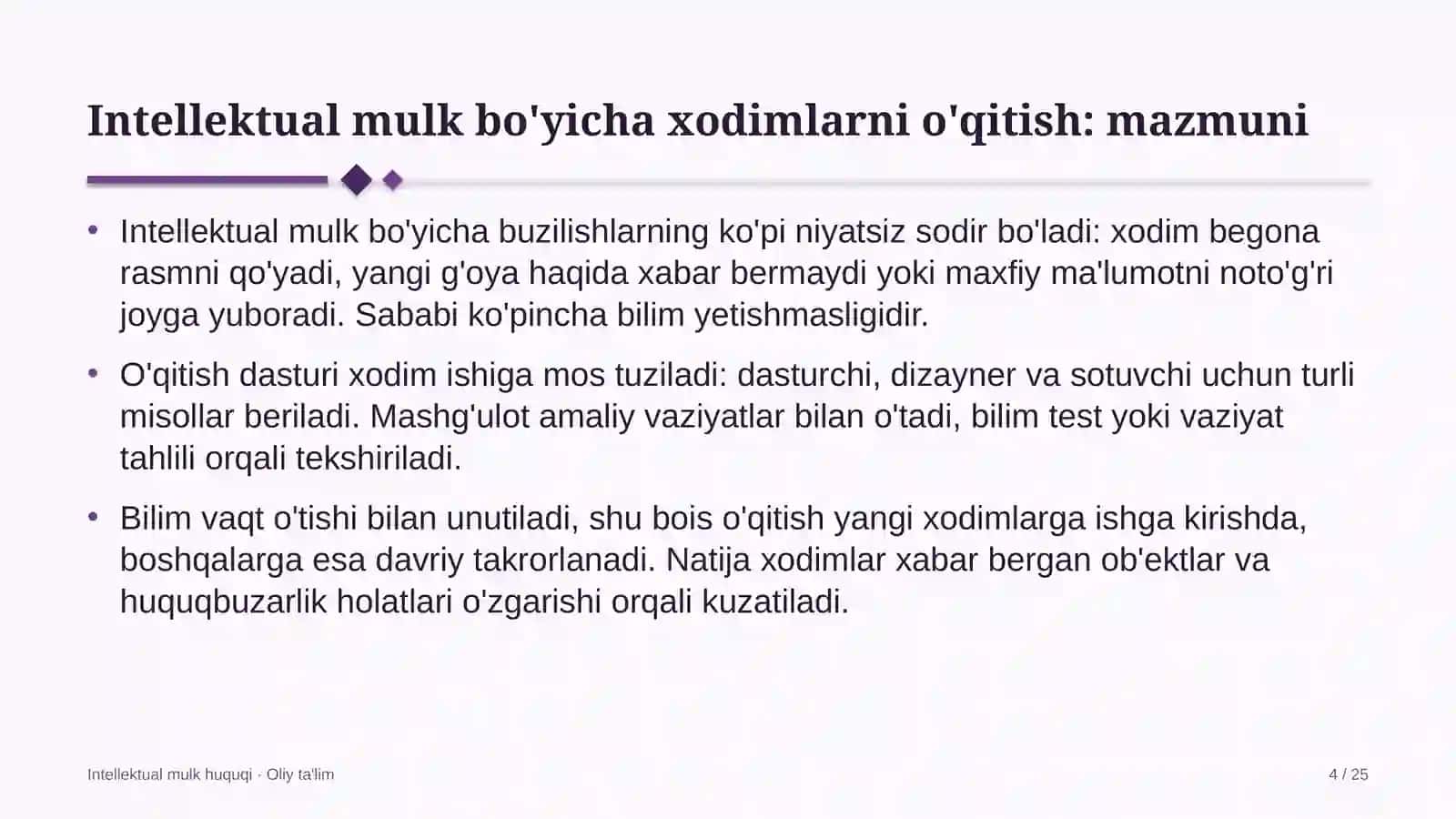 texnika oliy ta'lim muassasalarida intellektual mulk bo'yicha xodimlarni o'qitish 7293 4