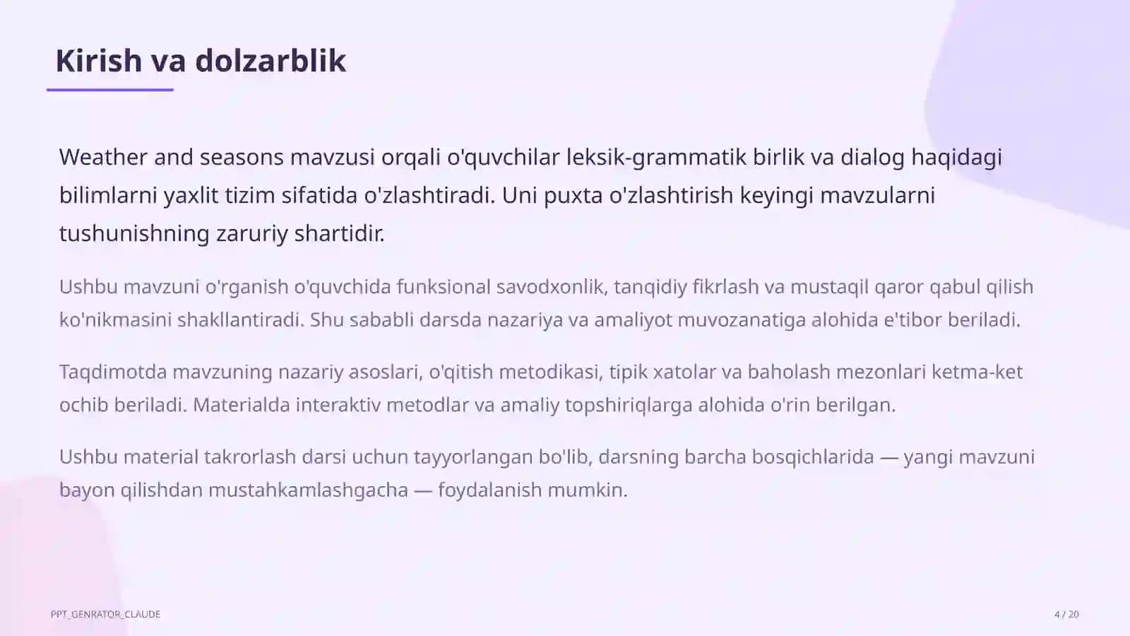 Ingliz tili (1-11) — takrorlash darsi uchun 4