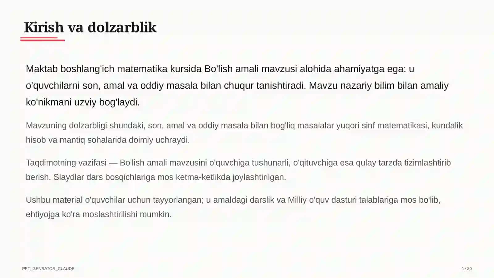 Bo'lish amali (2-sinf) Boshlang'ich sinf: Matematika (1–4) — o'quvchilar uchun 4