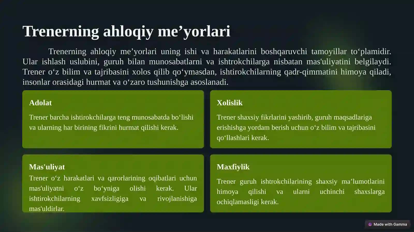 Trenerning ahloqiy me’yorlari 4