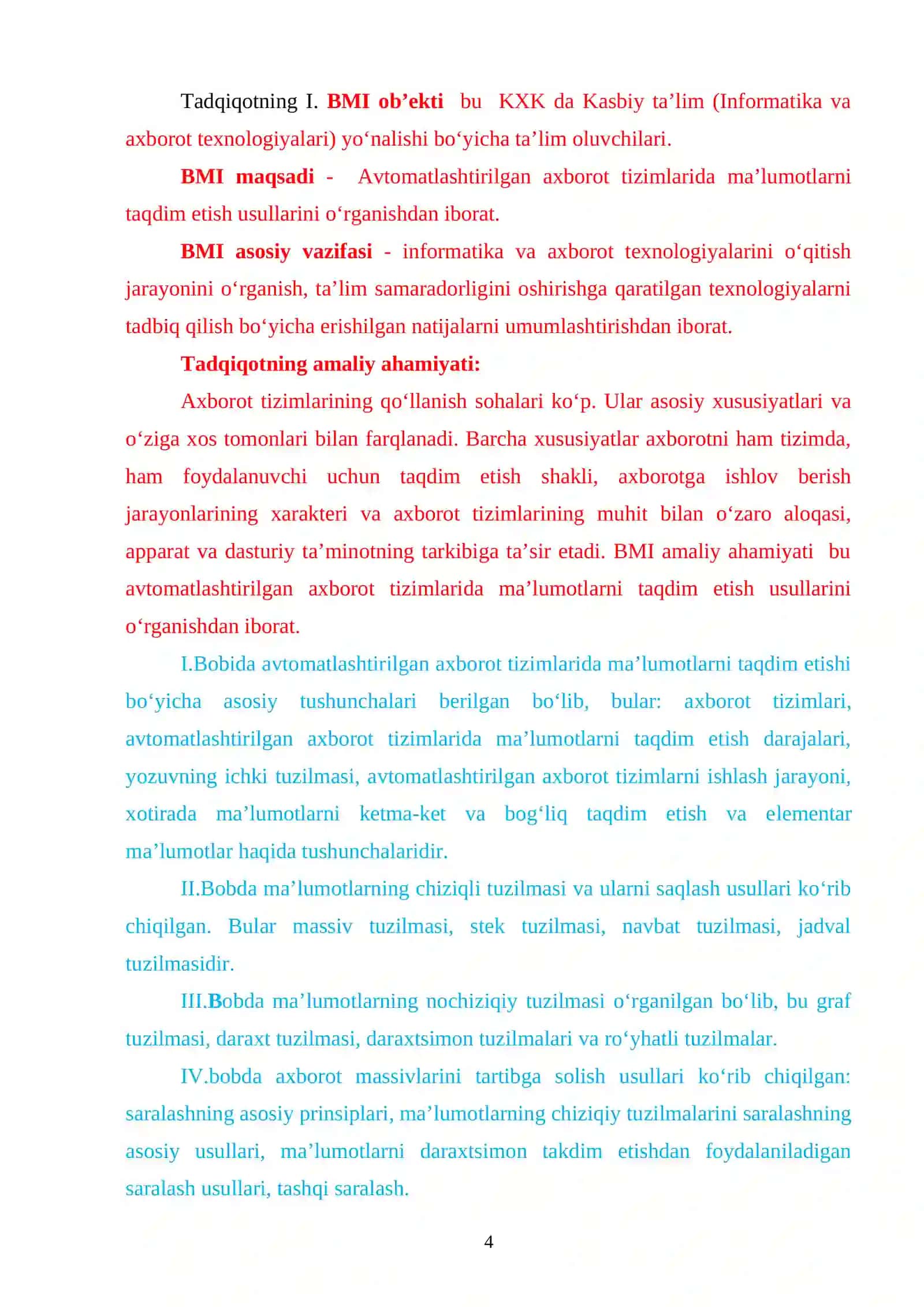 "AVTOMATLASHTIRILGAN AXBOROT TIZIMLARIDA MA’LUMOTLARNI TAQDIM ETISH USULLARI" mavzusida BMI 4