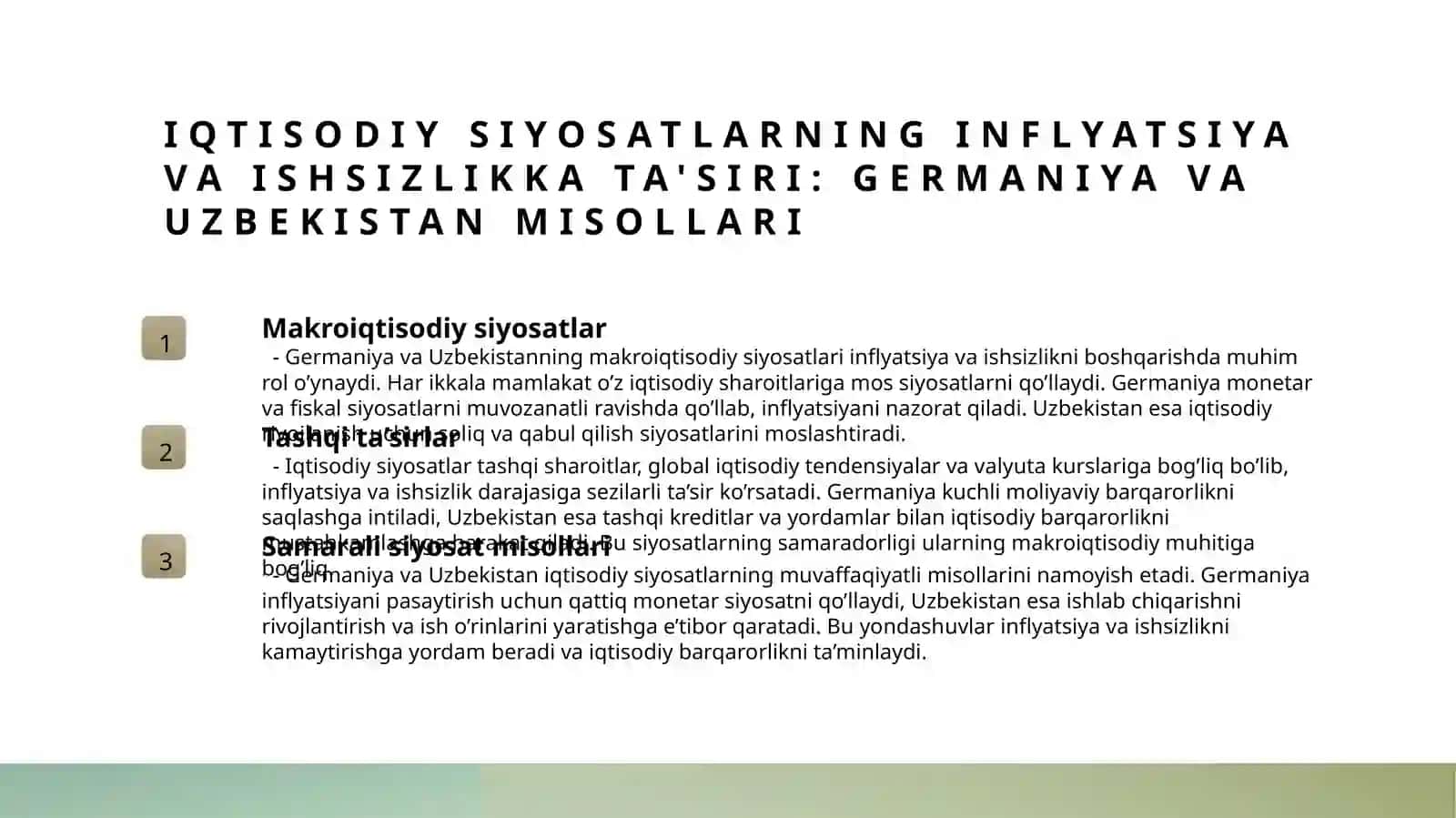 Germany va Uzbekistanda inflyatsiya va ishsizlik darajalarining umumiy ko‘rinishi 4