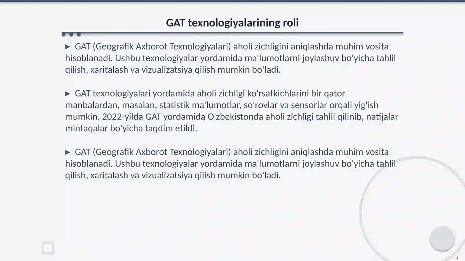 Aholi zichligini aniqlash va tahlil qilishda GAT 4