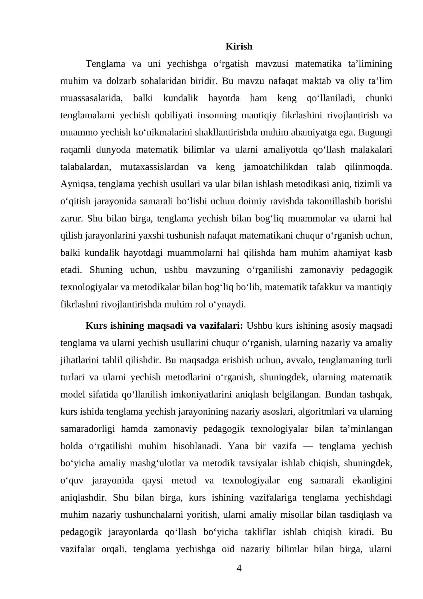 XASANOVA MAMNUNANING MATEMATIKA VA UNI O’QITISH METODIKASI TAYYORLAGAN KURS ISHI 4