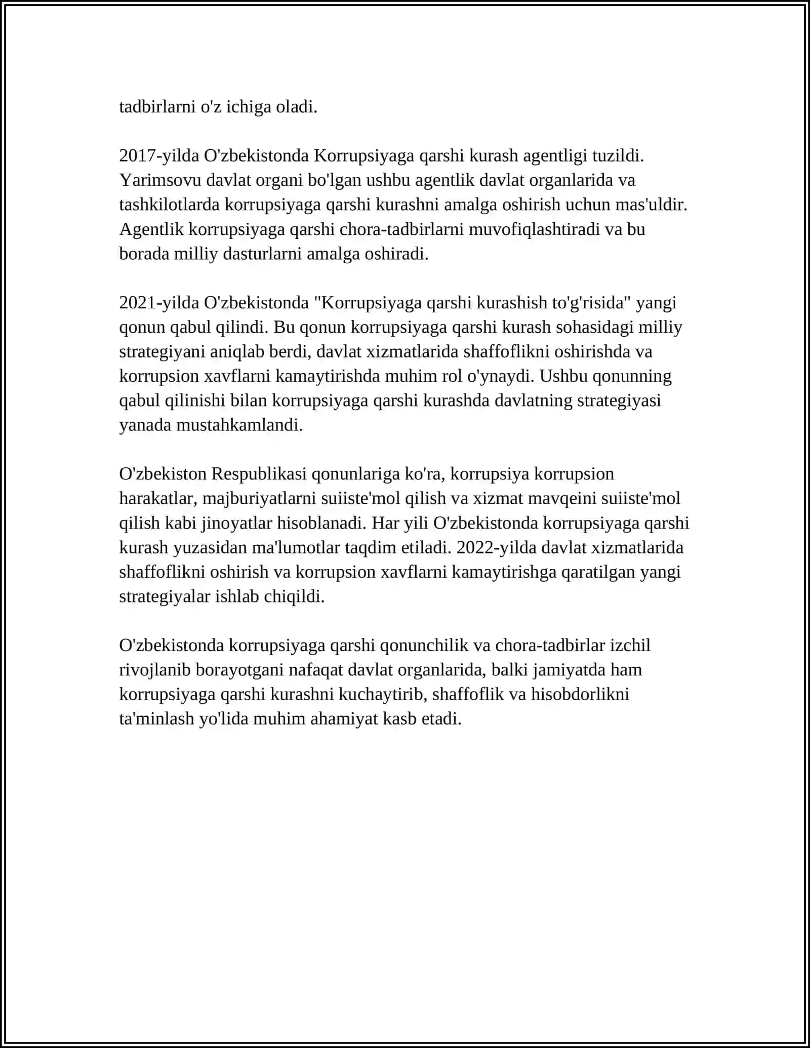 MUSTAQIL ISH Mavzu: OʻZBEKISTONDA KORRUPSIYAGA OID QONUNLAR VA QARORLAR TASNIFI, KORRUPSIYAGA QARSHI KURASHNING AHAMIYATI 4