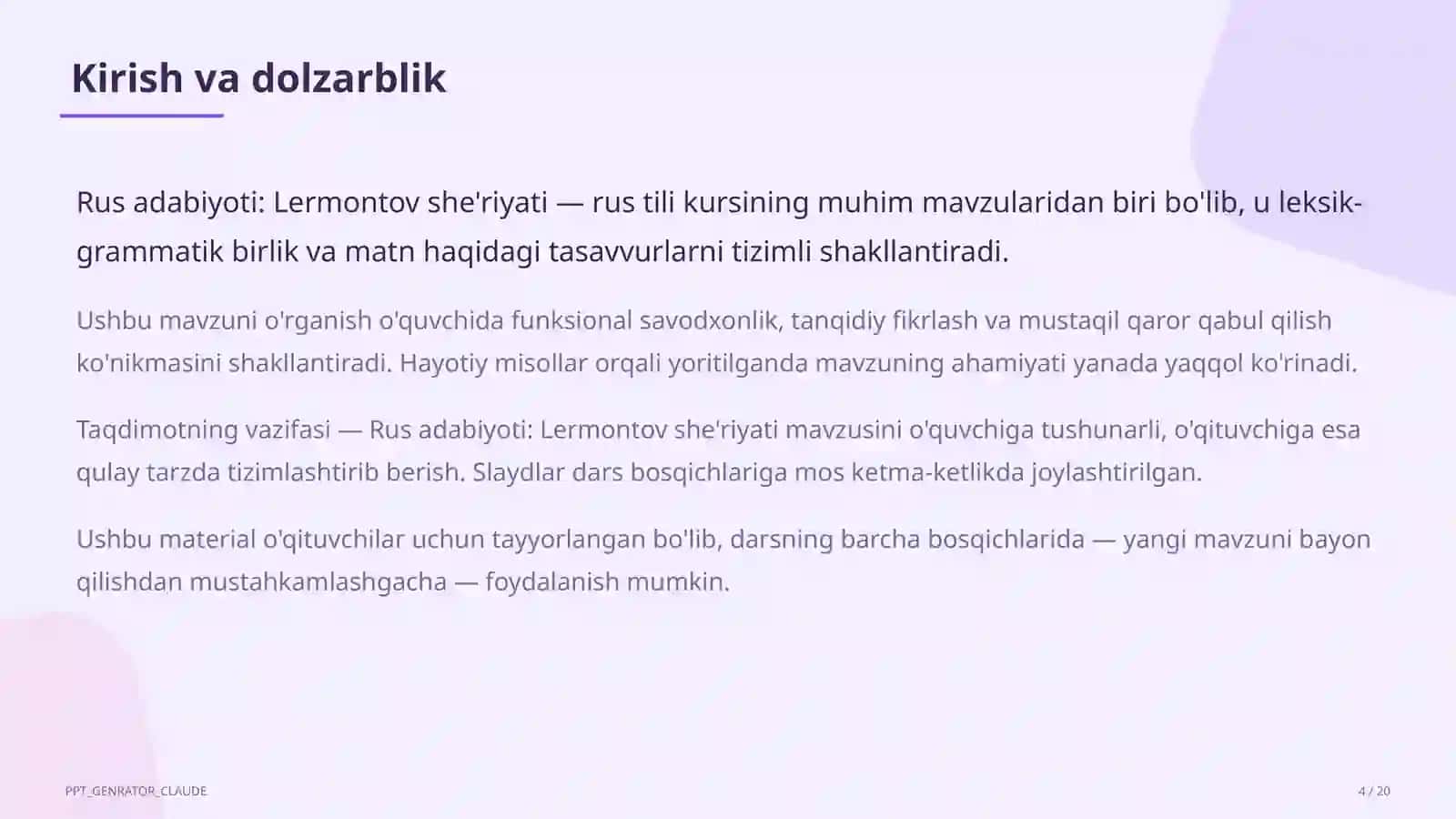 Rus adabiyoti: Lermontov she'riyati (9-sinf) 4