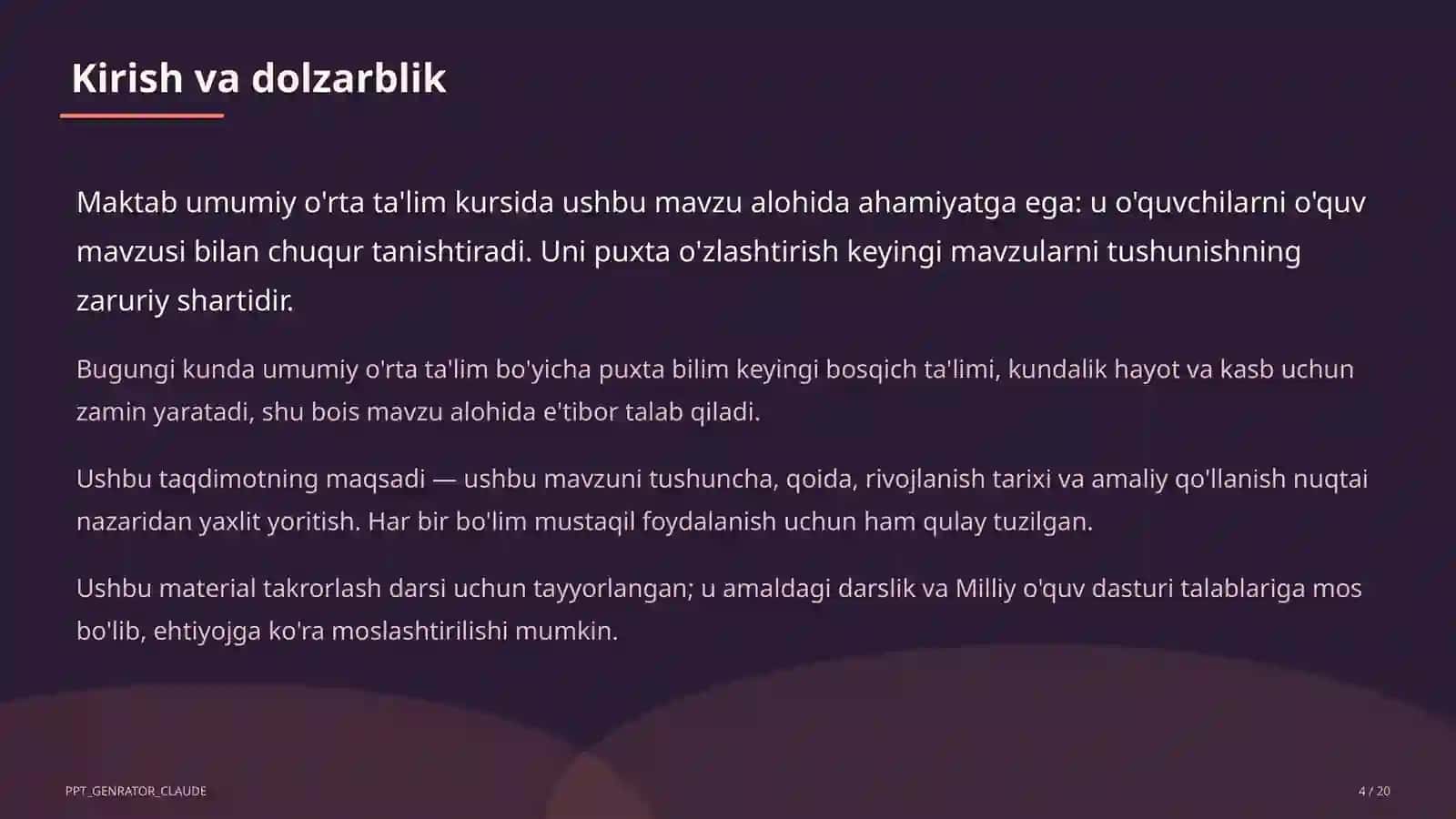 Dolzarb mavzular — maktab va o'qituvchilar (2026) — takrorlash darsi uchun 4