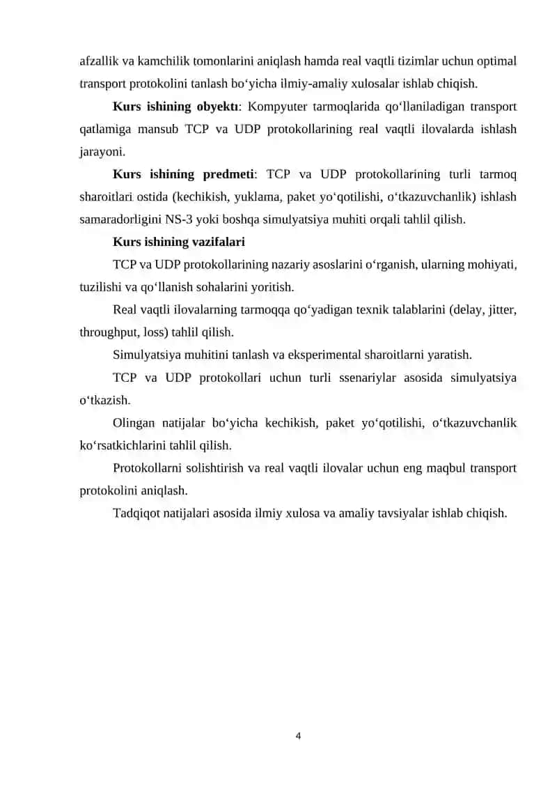 TCP va UDP protokollarining real vaqtli ilovalarda ishlash samaradorligini simulyatsiya orqali o‘rganish. 4