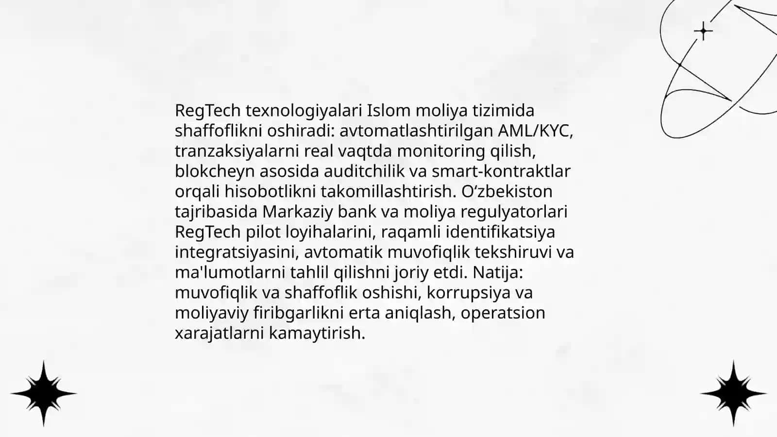 SUN’IY INTELLEKT VA REGTECH TEXNOLOGIYALARINING ISLOM MOLIYA TIZIMIDA KORRUPSIYAGA QARSHI KURASHISHDAGI O‘RNI: O‘ZBEKISTON TAJRIBASI 4