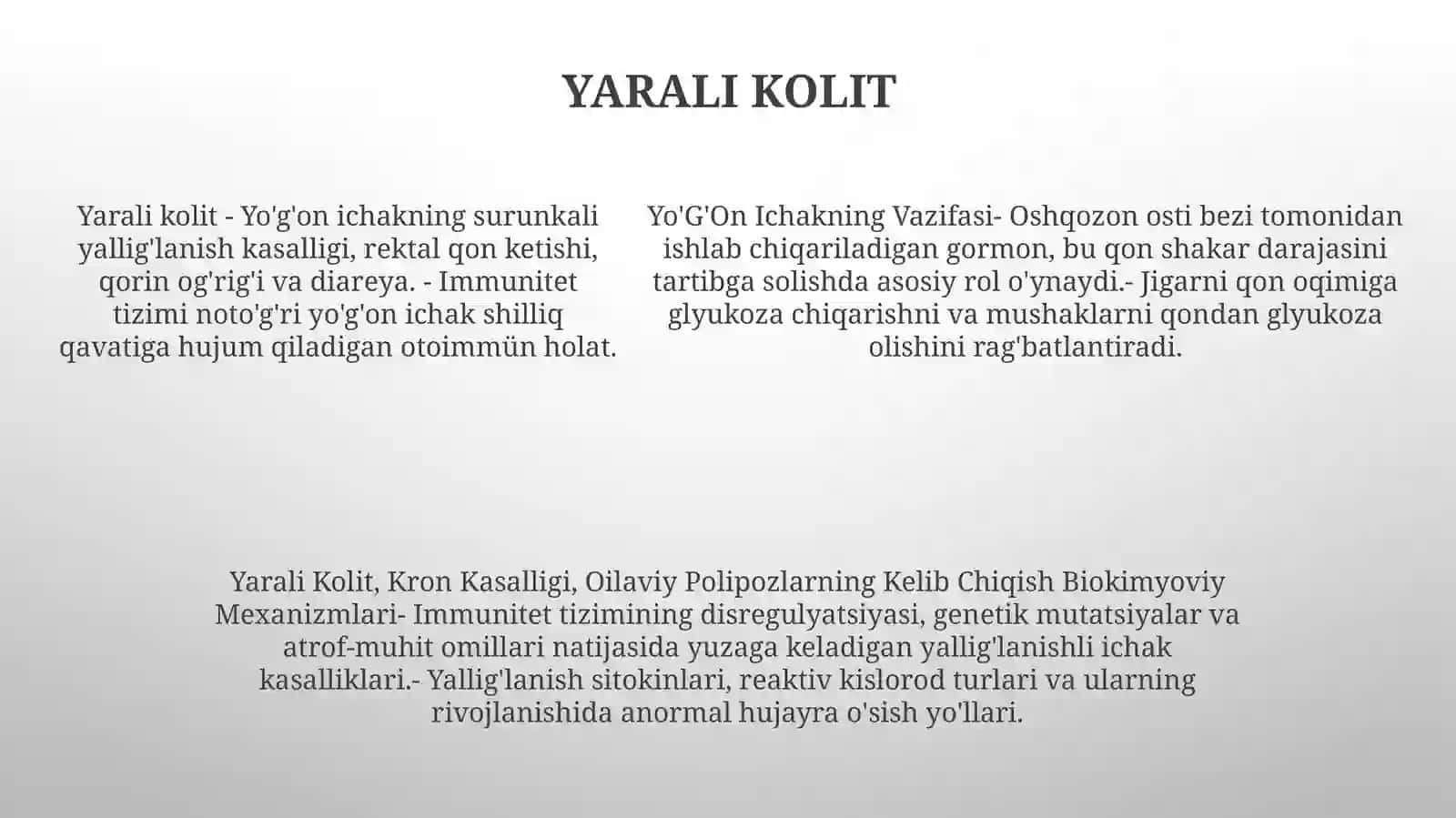 Yo’G’On Ichakning Vazifasi, Yarali Kolit, Kron Kasalligi, Oilaviy Polipozlarning Kelib ChiqishBiokimyoviyMexanizmlari 4