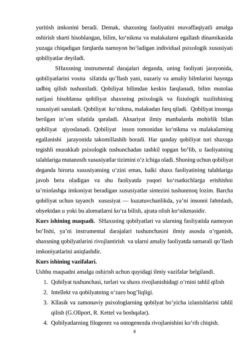 Shaxsning instrumental darajalari. Qobilyatlar haqida tushuncha. 4