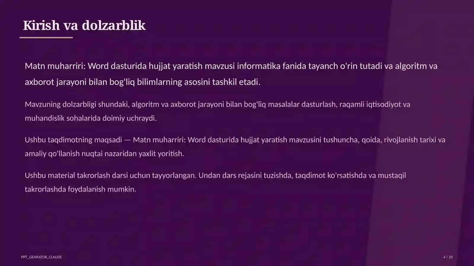 Matn muharriri: Word dasturida hujjat yaratish (6-sinf) 4