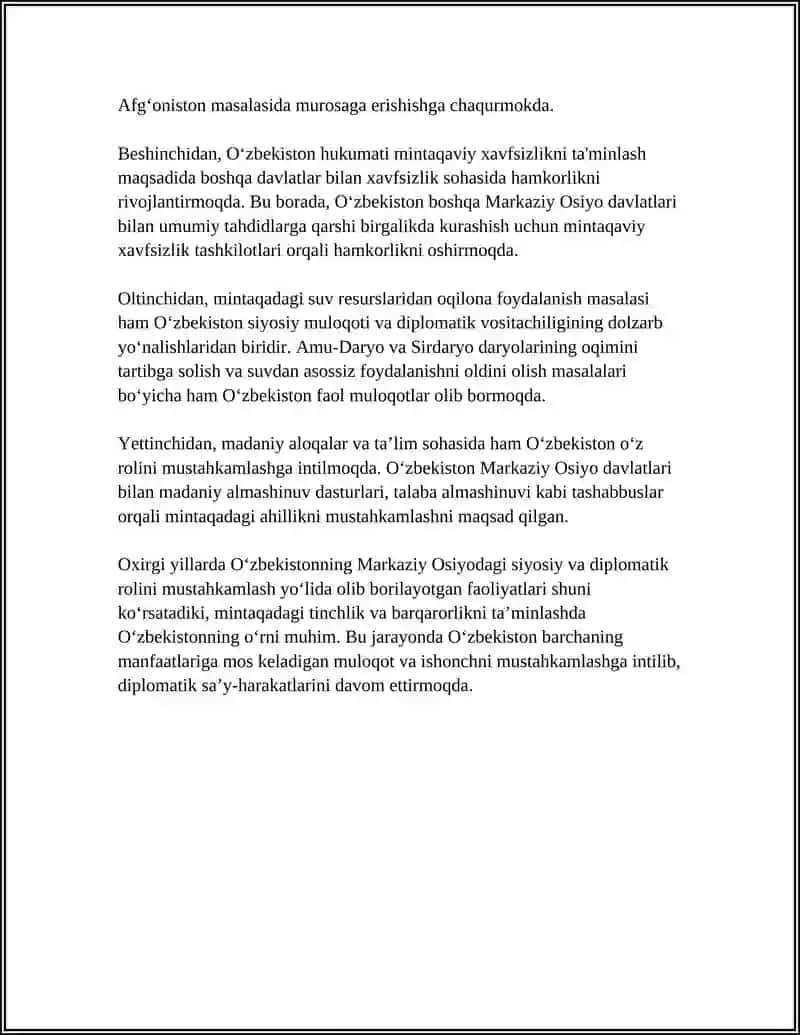 ÖZBEKISTONNING MARKAZIY OSIYODA TINCHLIK VA BARQARORLIKNI TA'MINLASHDAGI ÖRNI 4