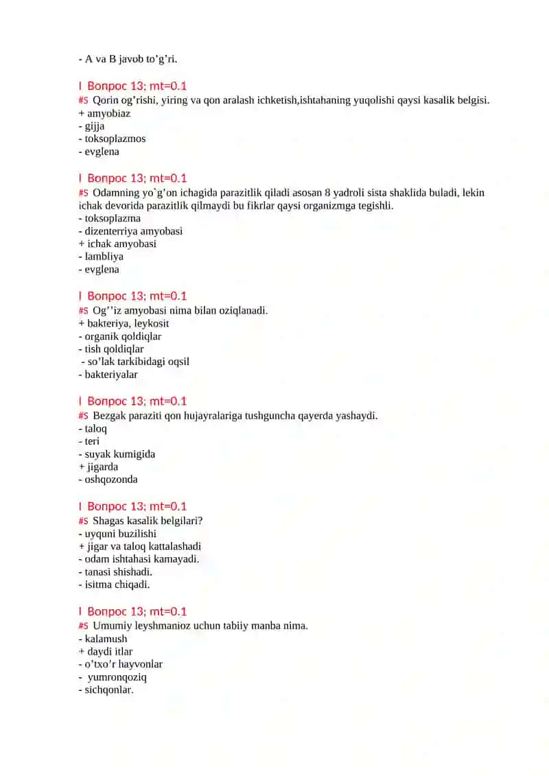 Tibbiy protozoologiya mavzusida test 4