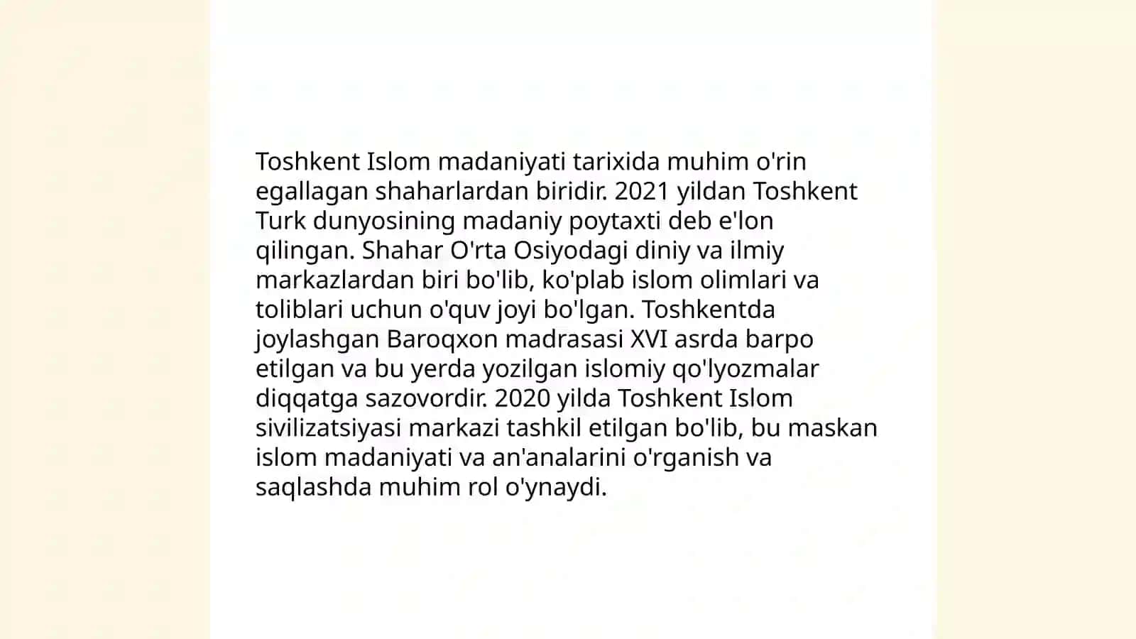 Toshkent-Islom madaniyati poytaxti deb e'lon qilinishi sabablari 4