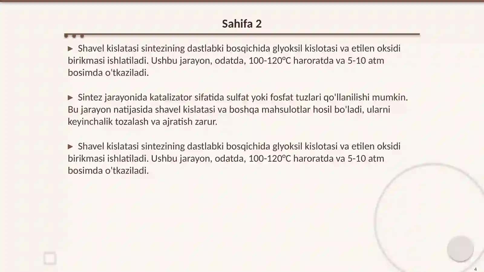 Shavel kislatasi sintezi va uning xossalari 4