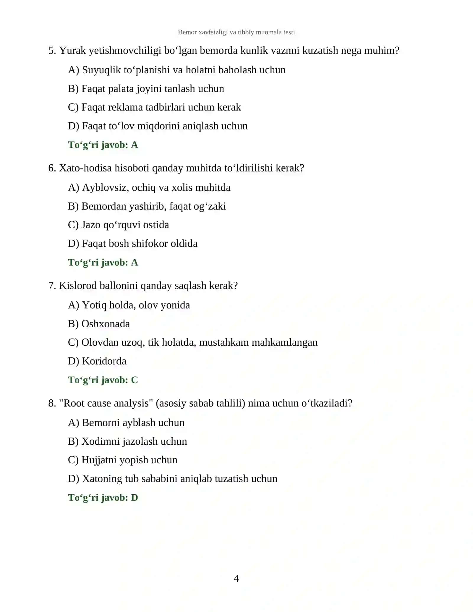 Bemor xavfsizligi va tibbiy muomala testi 4