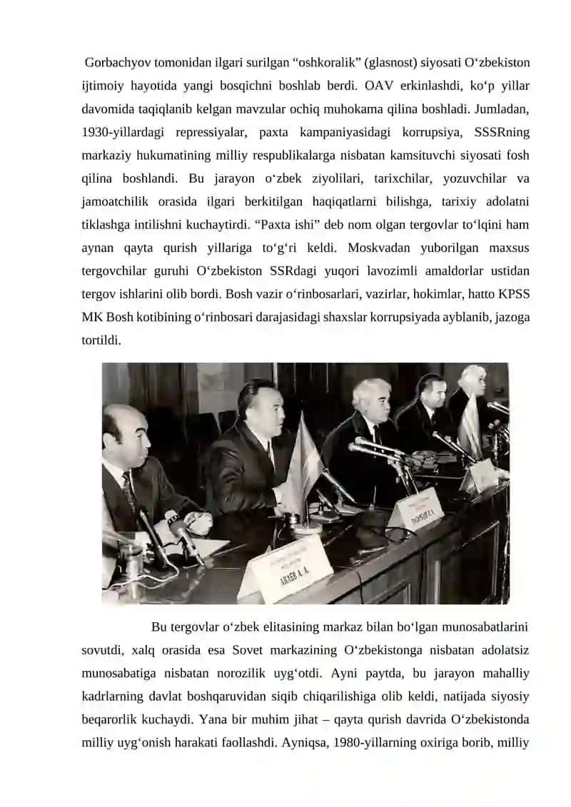 Qayta qurish yillarida O’zbekistondagi ijtimoiy va siyosiy vaziyat 4