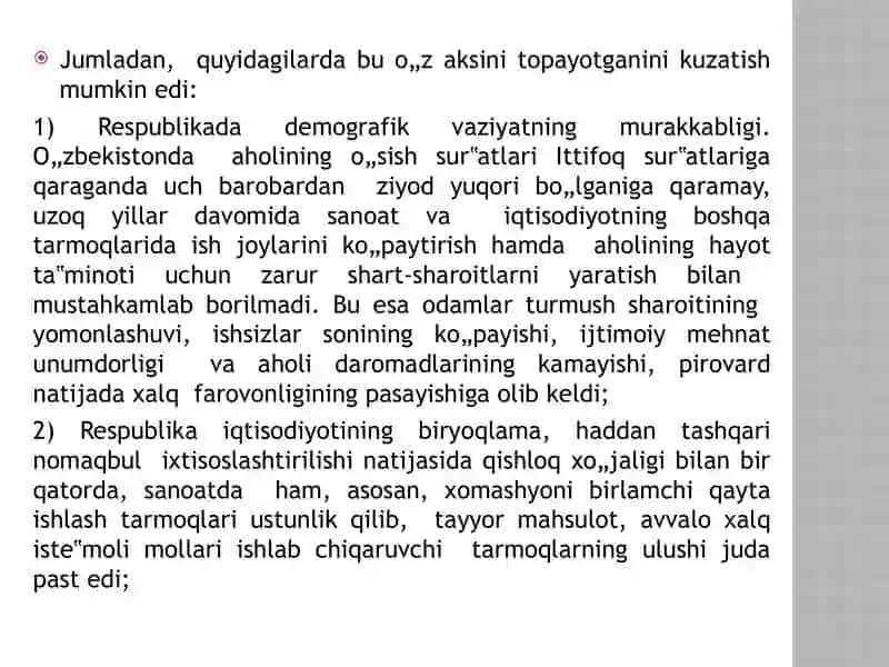 Mustaqil O’zbekiston Respublikasining tashkil topishi va uning tarixiy ahamiyati. O’zbekistonning o’ziga xos istiqlol va taraqqiyot yo’li 4