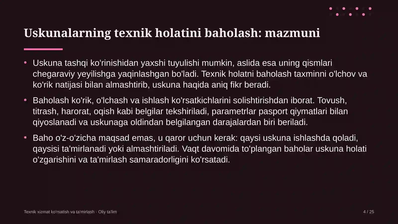 TEXNIK XIZMAT KO'RSATISH VA TA'MIRLASH · OLIY TA'LIM 4