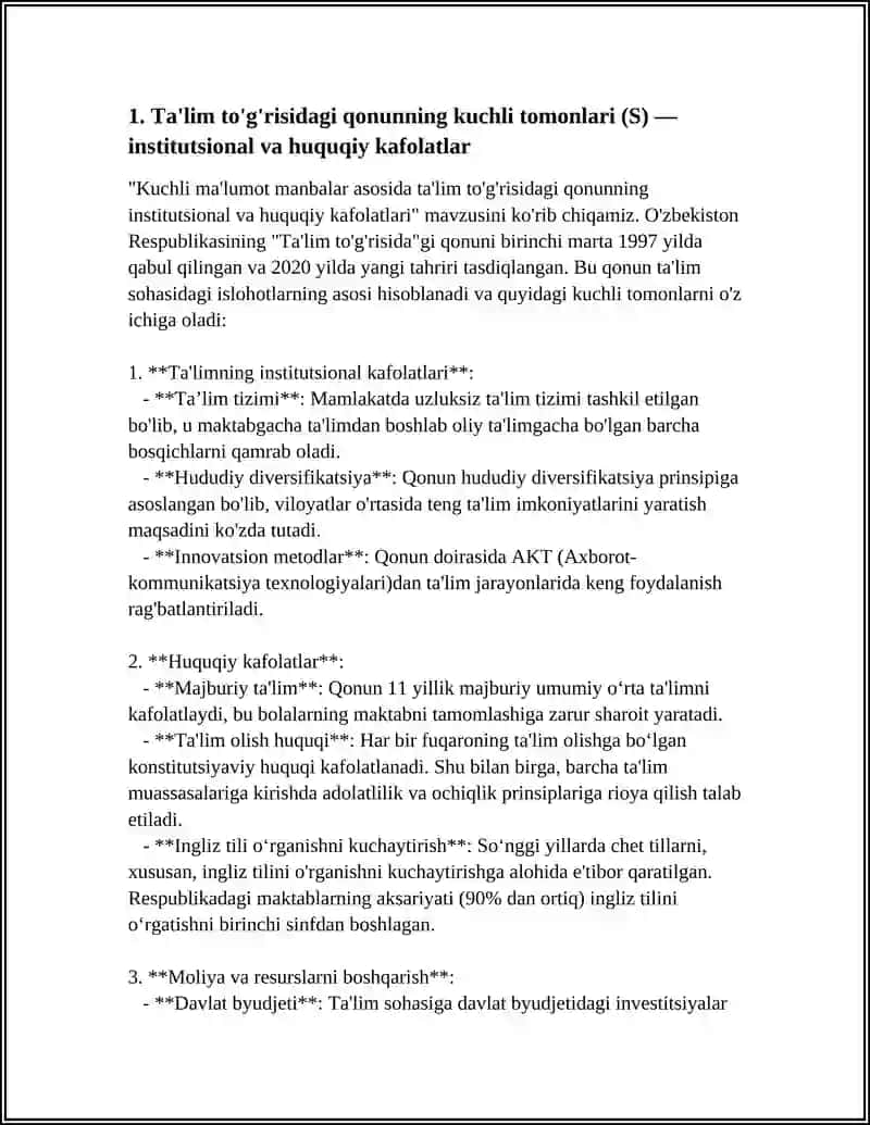 UMUMIY PEDAGOGIKA FANIDAN SWOT TAHLIL YOZISH 4