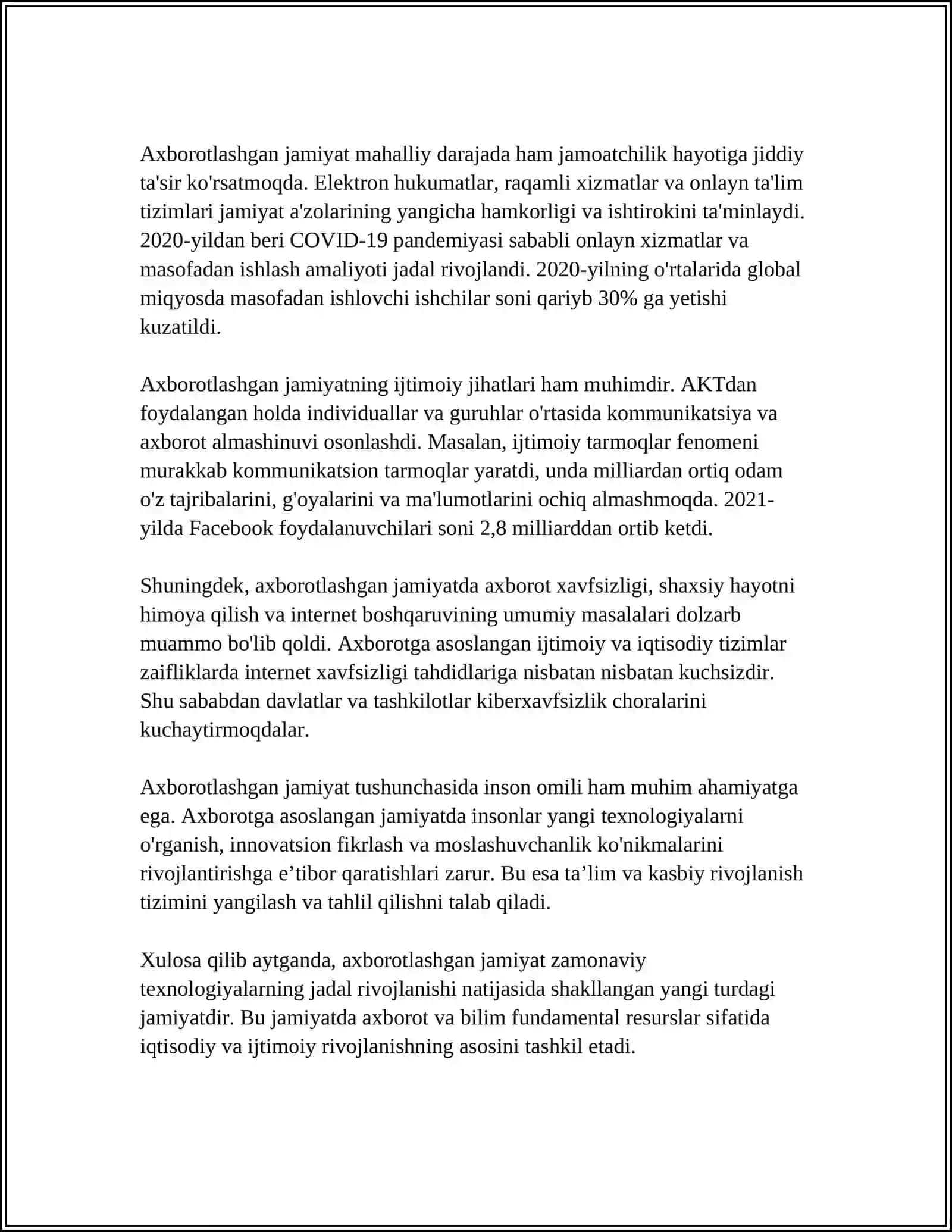 AXBOROTLASHGAN JAMIYAT VA UNING ISTIQBOLLARI MAVZUSIDA ESSE TAYYORLASH (A.TOYNBI, E.TOFFLER ASARLARI QIYOSIY TAHLILI ASOSIDA) 4
