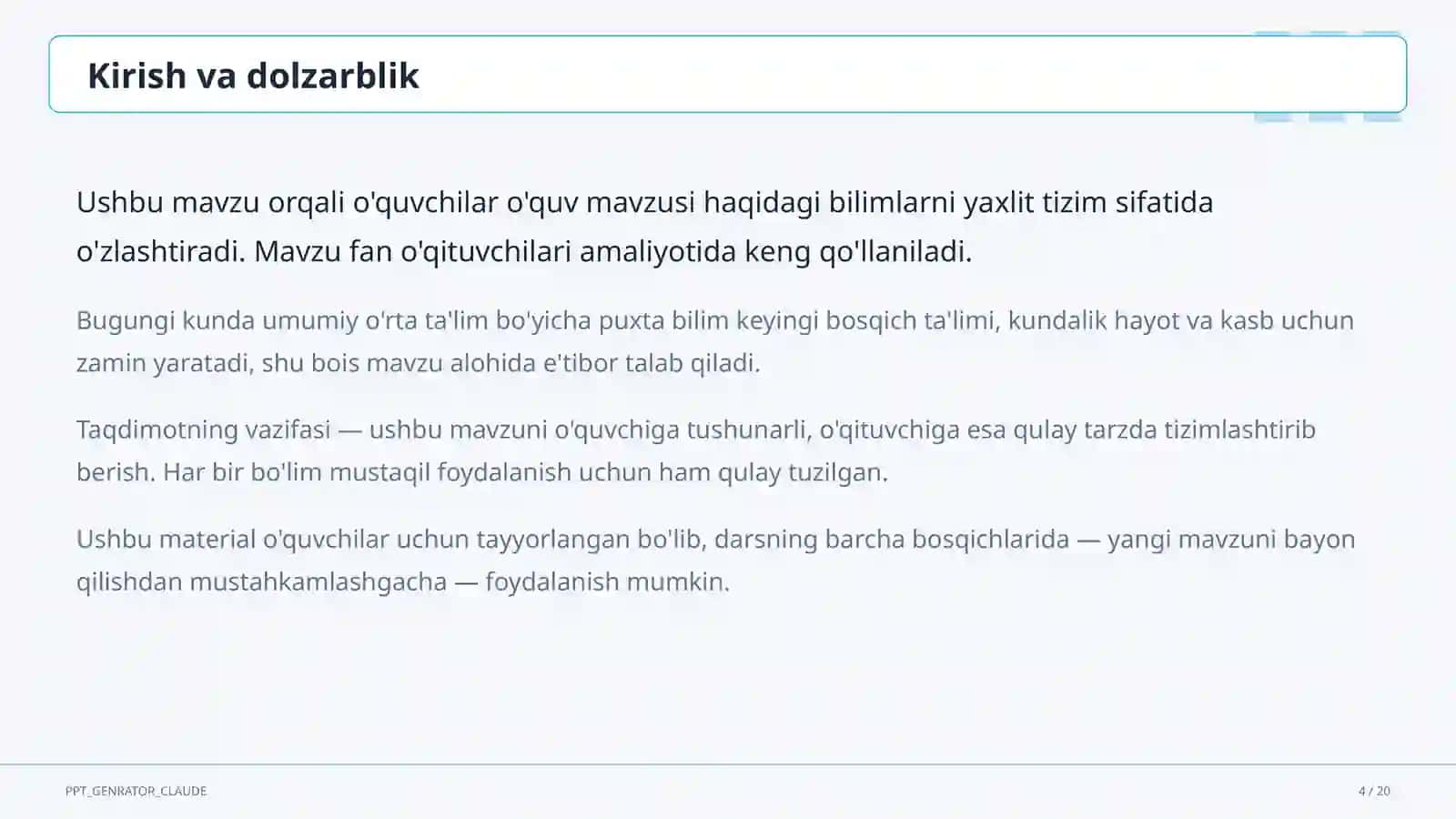 Dolzarb mavzular — maktab va o'qituvchilar (2026) — o'quvchilar uchun 4