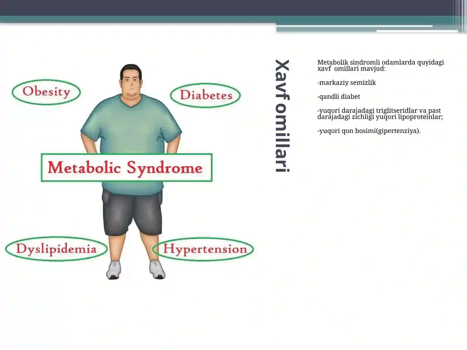 Metabolik sindrom kelib chiqishining biokimyoviy asoslari va asoratlari. Endemik buqoq va gipoterioz patogenezi va davolash usullari 4