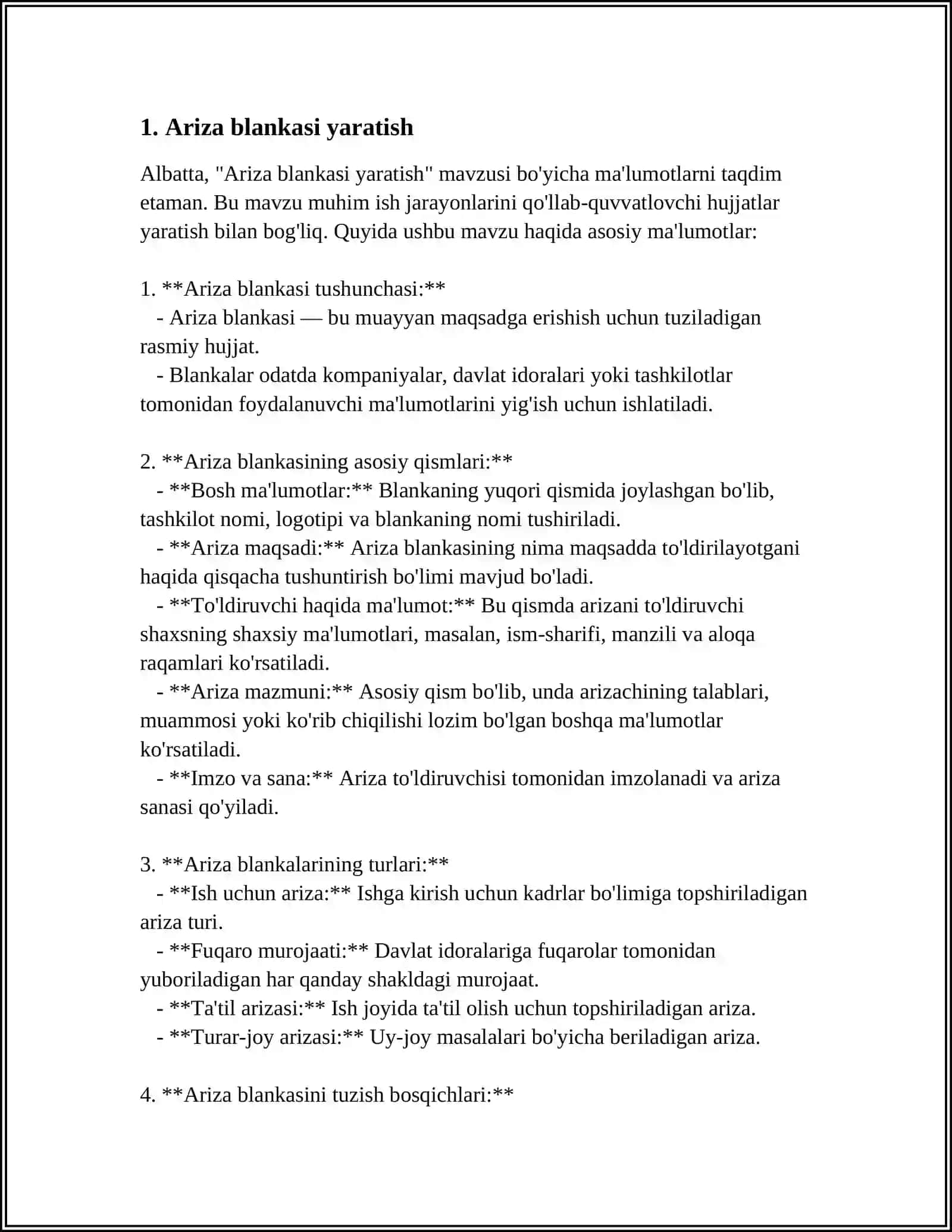 MS WORD MATN TAXRRIRLAGICHIDA TURLI XIL BLANKALAR YARATISH (ARIZA, KASALLIK KARTASI, ANALIZLAR BLANKASI VA H.K.) 4