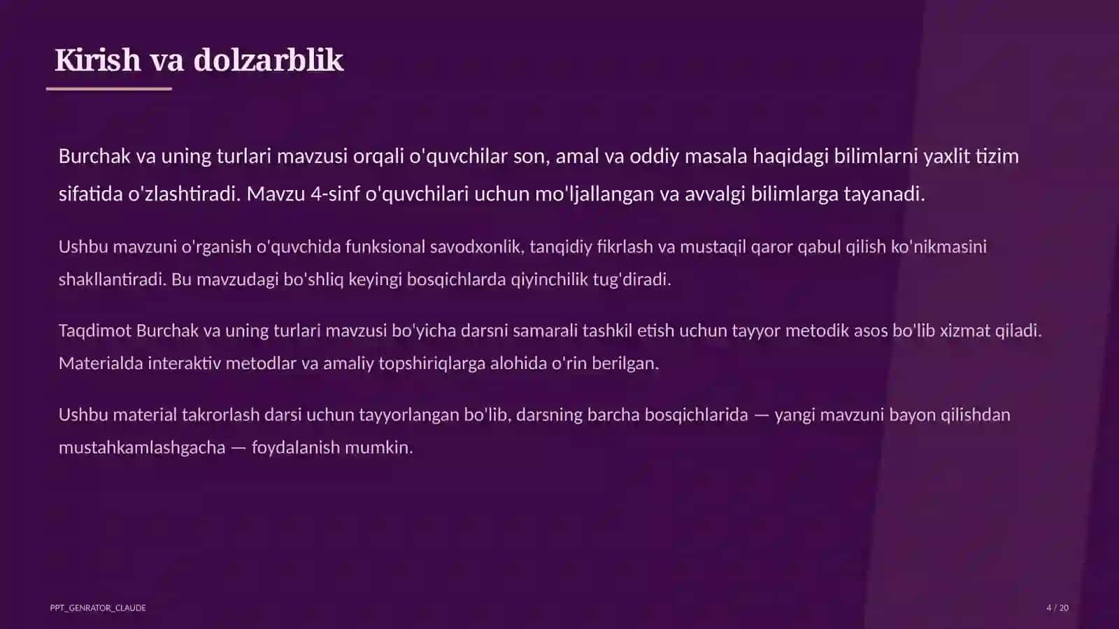 Burchak va uning turlari (4-sinf) 4