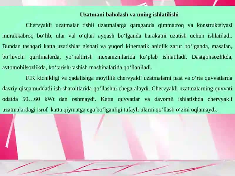 Chervyakli uzatmalar. Turlari, geometriyasi va kinematikasi 4