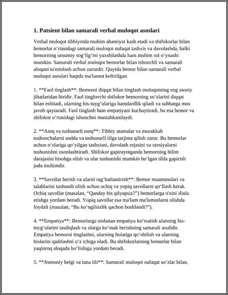 PATSIENT BILAN MULOQOT KOʼNIKMALARI.PATSIEN BILAN NOVERBAL, VERBAL MULOQOT. 4