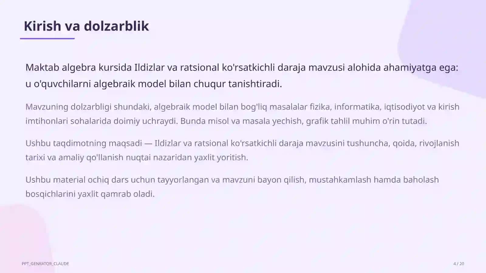 Ildizlar va ratsional ko'rsatkichli daraja (10-sinf) 4
