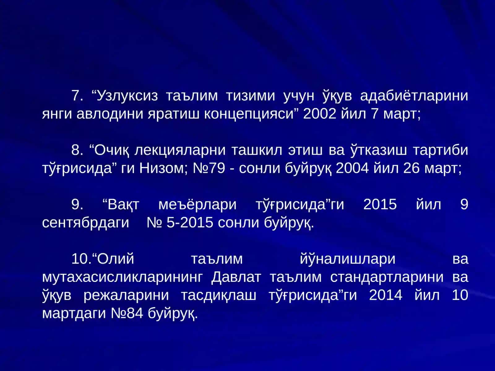Ўзбекистон Республикаси  олий ва ўрта махсус таълим Вазирлигининг буйруқлари 4