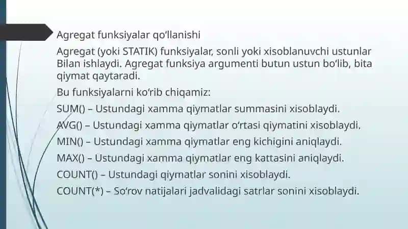SQL Agregat funksiyalari 4