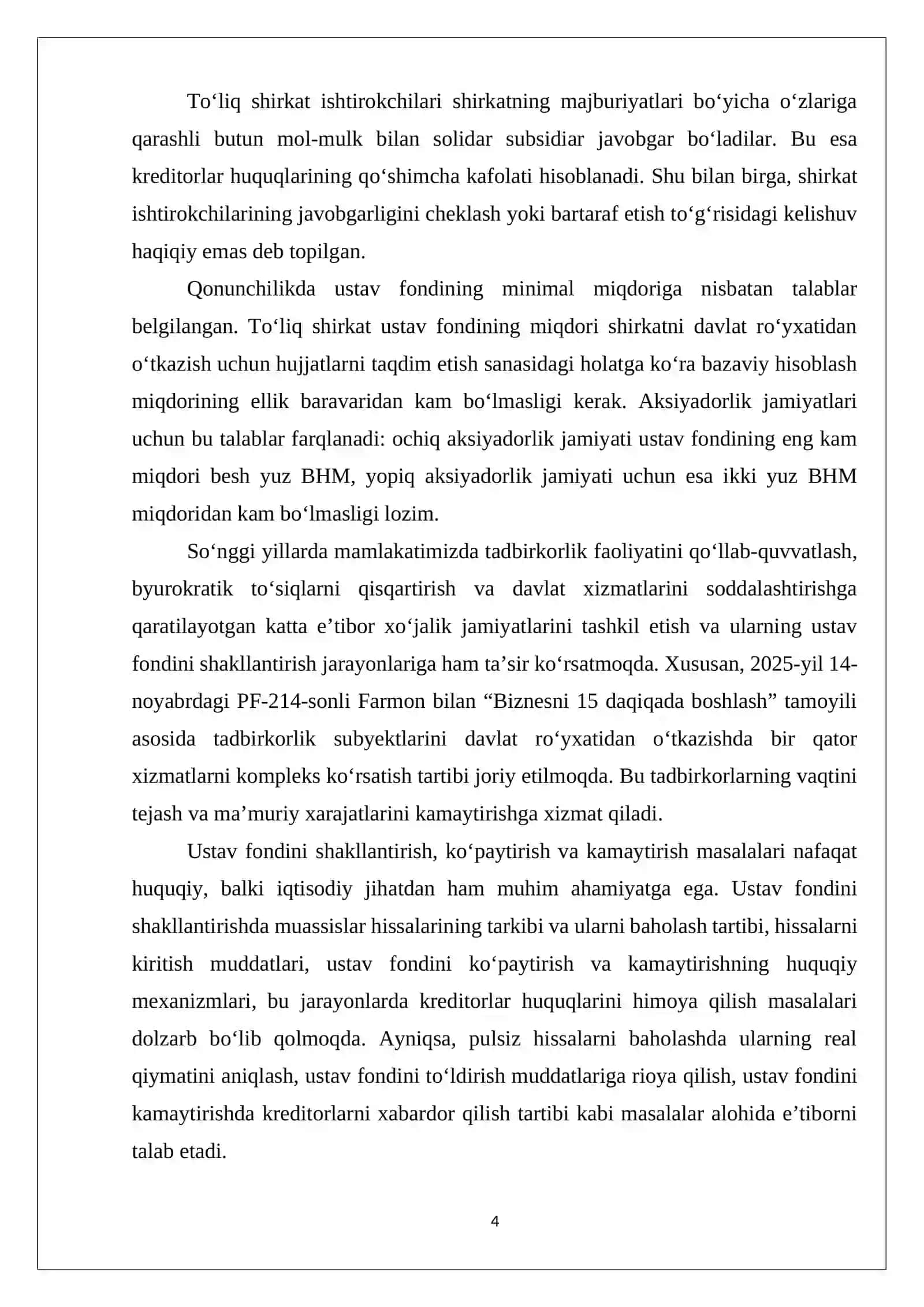 XO’JALIK JAMIYATLARI USTAV FONDI HUQUQIY REJIMI, UNI SHAKLLANTIRISH, KO’PAYTIRISH, KAMAYTIRISH 4
