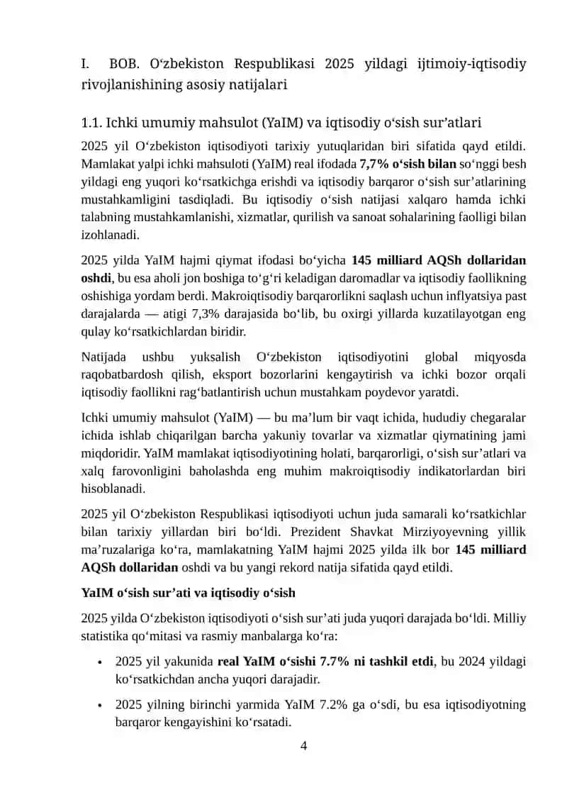 Mavzu II. BOB. 2025 yil natijalari asosida 2026 yilga mo‘ljallangan iqtisodiy dasturining asosiy ustuvor yo‘nalishlari 4