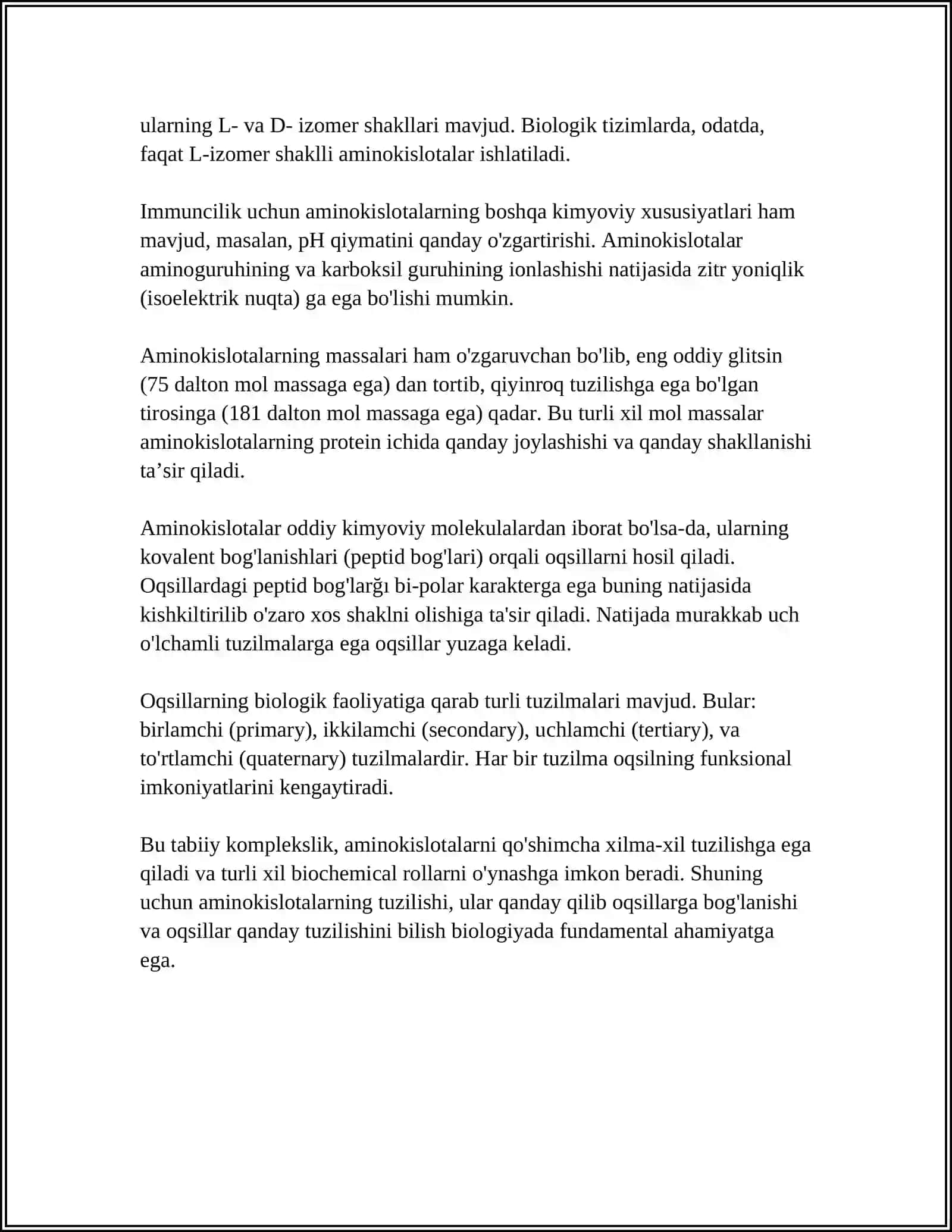 AMINOKISLOTALAR MAVZUSIDA MUSTAQIL ISH 4