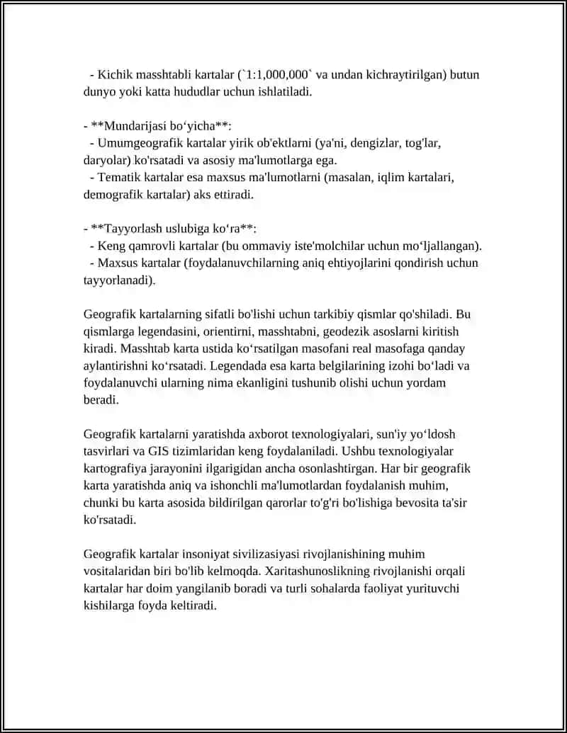 GEOGRAFIK KARTALARNING MAQSADI VA ULARNI O‘RGANISH. KARTALARNING TASNIFI. KARTALARNING TURLARI 4