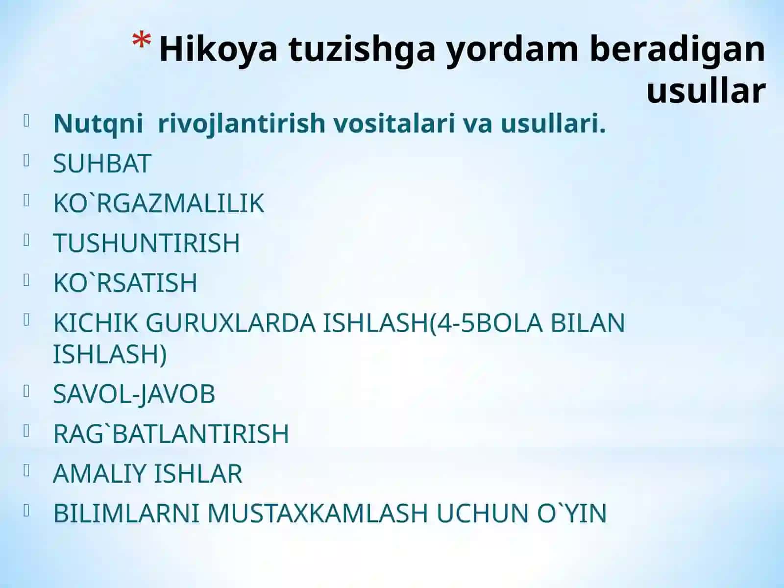 O‘QITUVCHI RAHBARLIGIDA HIKOYANING CHIZMASINI TUZISH USULLARI. TILNING IJTIMOIY HODISA VA ALOQA, ARALASHUV QUROLI EKANLIGI. SAVOD O‘RGATISH O‘QISH DARSLARI TURLARI 4