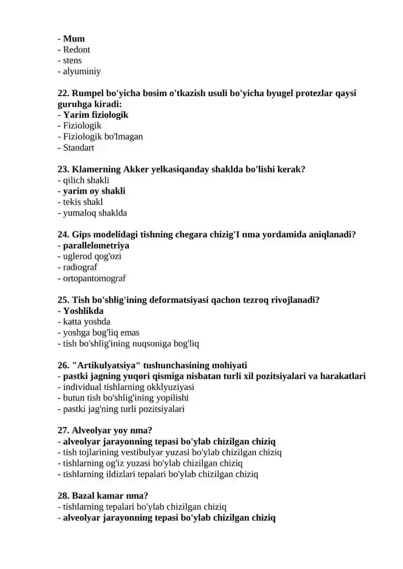 Ortopedik stomatologiya mutaxassisligi bo'yicha shakllantirilgan test savollari ro'yxati 4