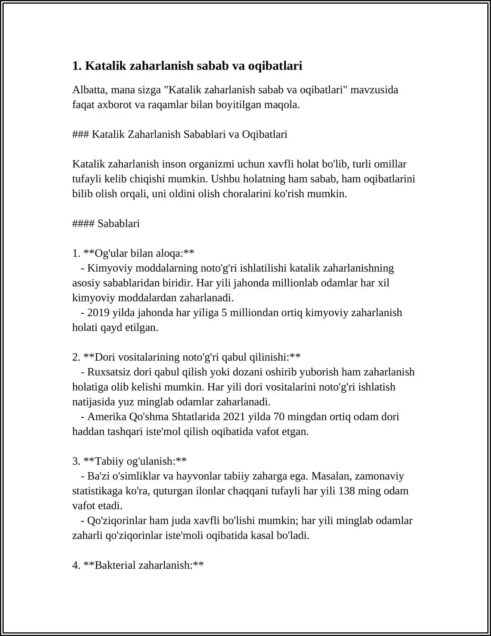 MUAMOLI VAZIYATNI TAHLIL QILISH BÒYICHA KEYS: KATALIK ZAHARLANISHNING SALBIY OQIBATLARI VA KELIB CHIQADIGAN MUAMMOLAR 4