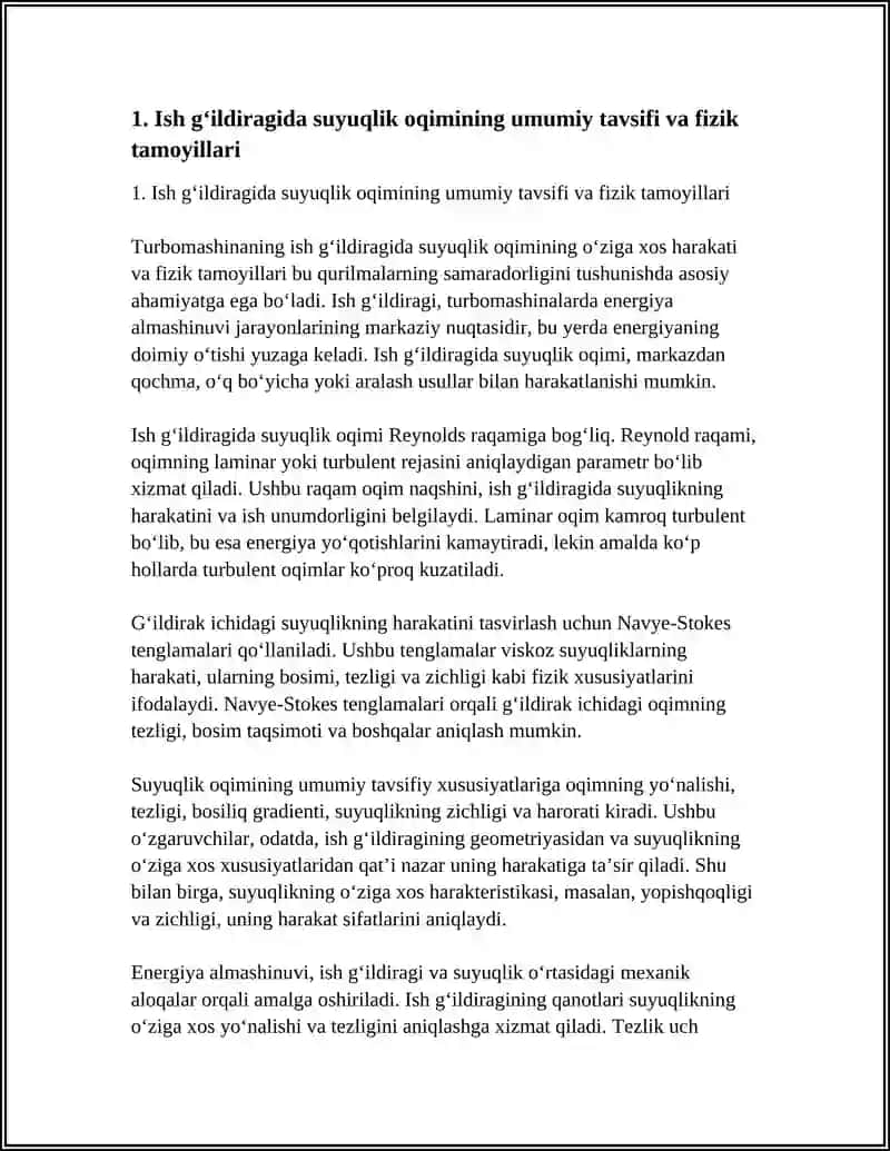 TURBOMASHINA ISH GʻILDIRAGIDA SUYUQLIK OQIMINING HARAKATI. TURBOMASHINALARING NAZARIY ZORIQMASI 4