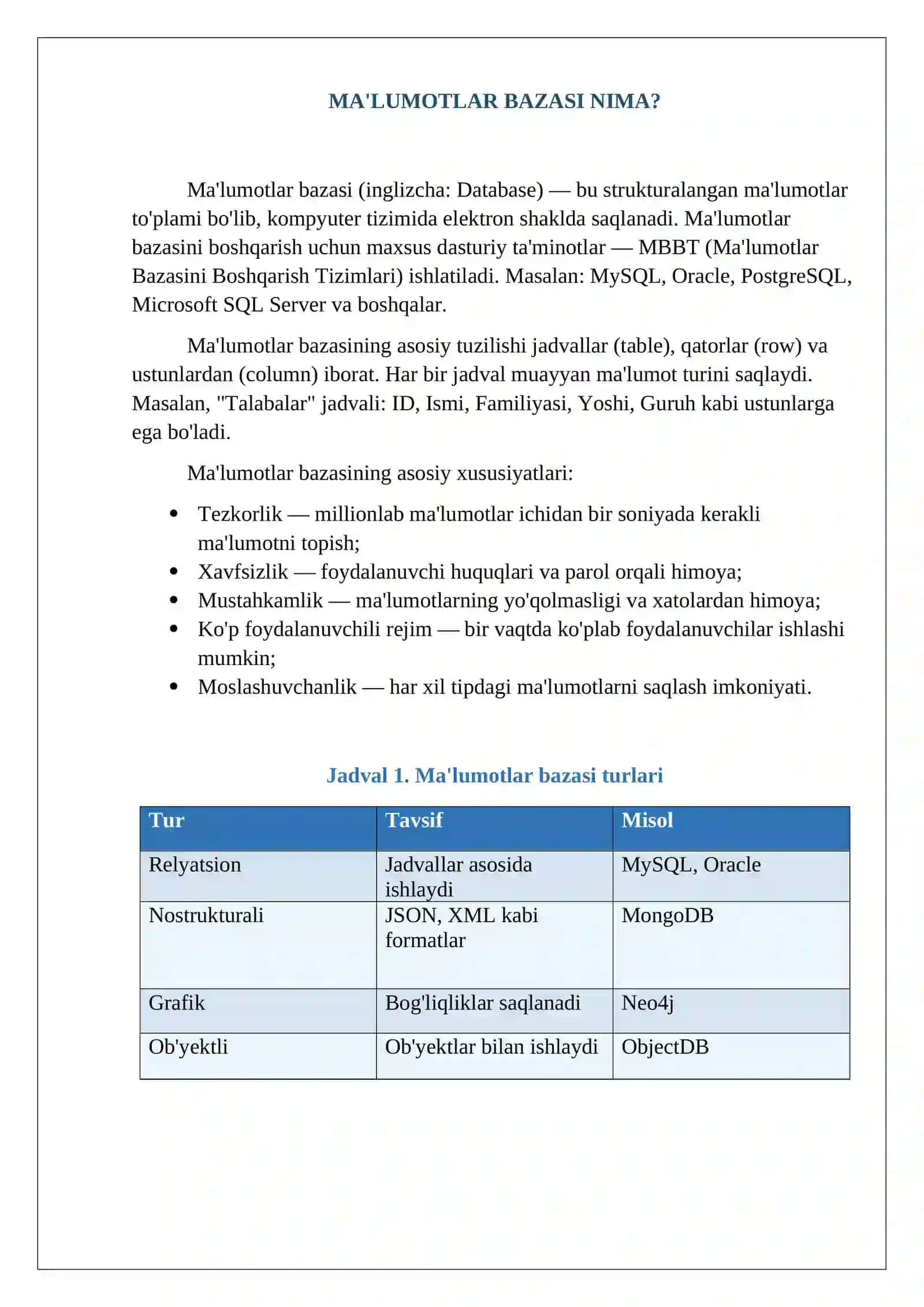 MA'LUMOTLAR BAZASINING KUNDALIK HAYOTDA QO'LLANILADIGAN MISOLLAR 4