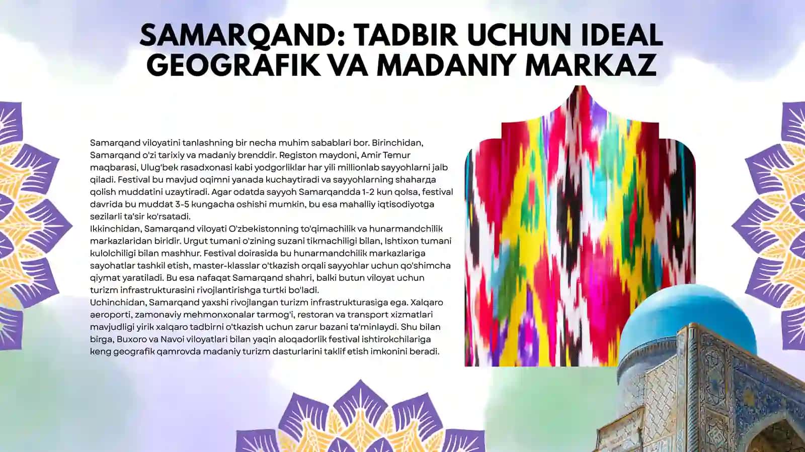 SAMARQANDDA MILLIY KIYIM VA MADANIYAT FESTIVALI: TURIZM IQTISODIYOTINI RIVOJLANTIRISH KONSEPSIYASI 4