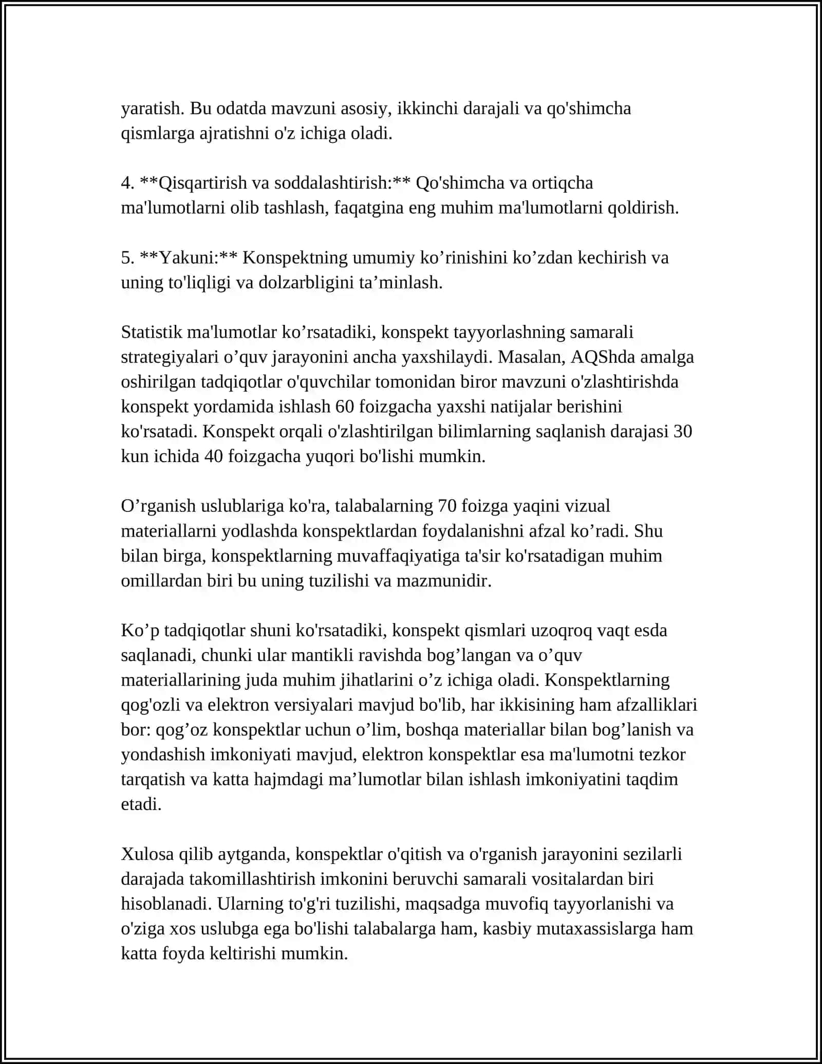 KONSPEKT KONPEKT TURLARI. KONSPEKTLASHTIRISH USULARI 4