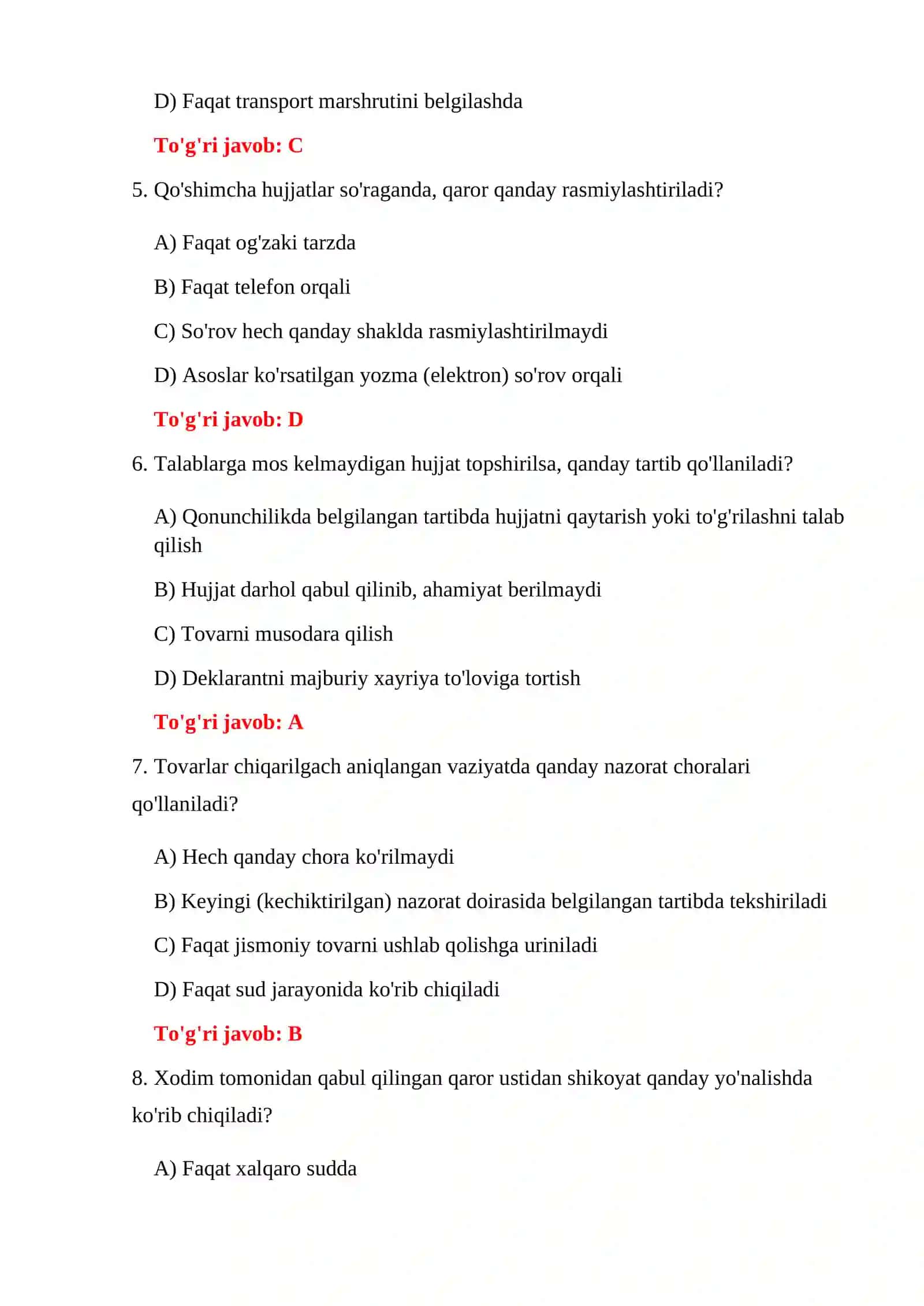 BOJXONA RASMIYLASHTIRISH TARTIBI TESTLARI 4