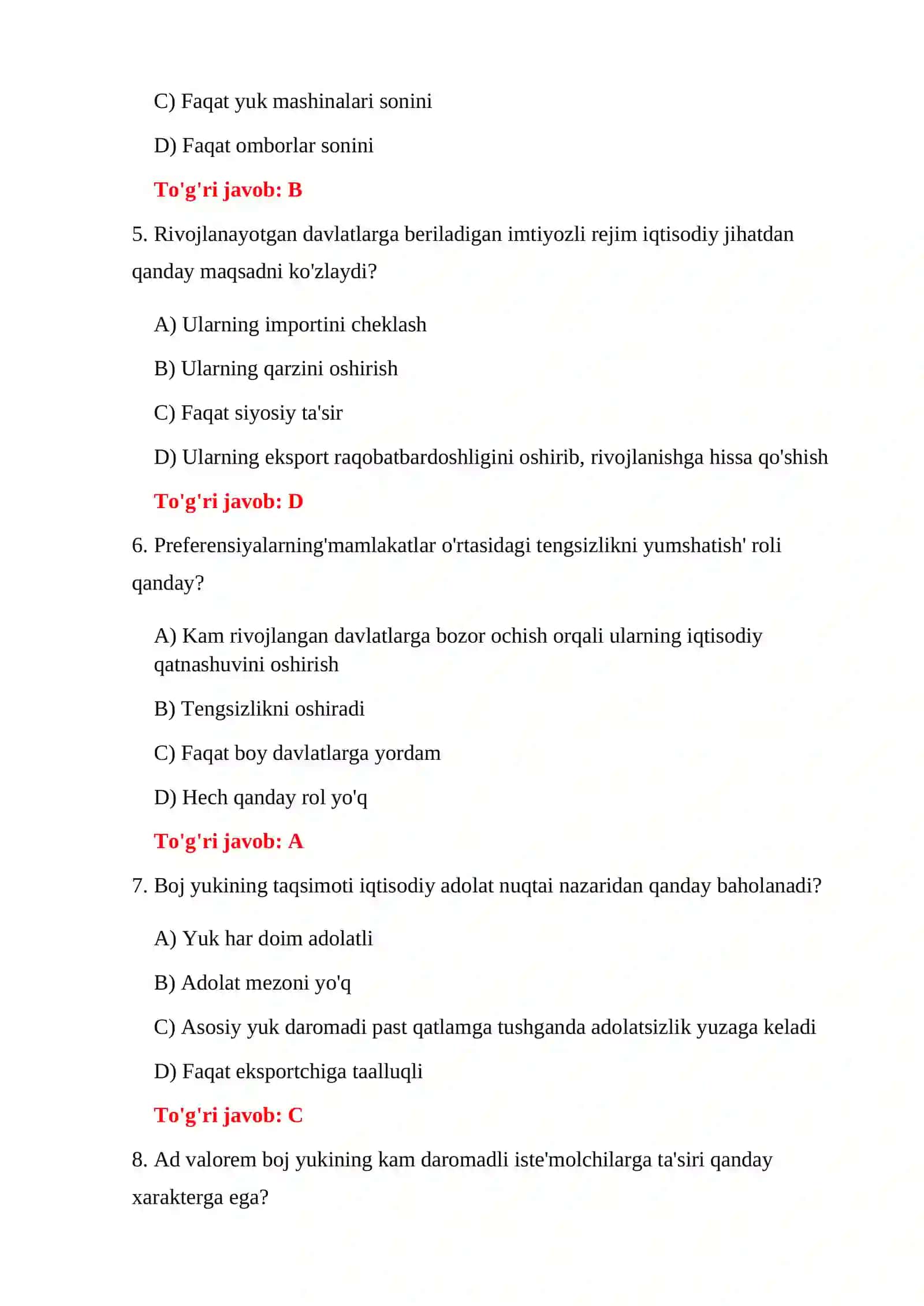 BOJXONA IQTISODIYOTI NAZORAT TESTLARI 4