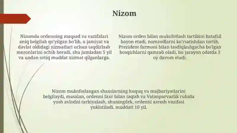 "Fidokorona xizmatlar uchun" ordeni to'g'risidagi Nizom 4