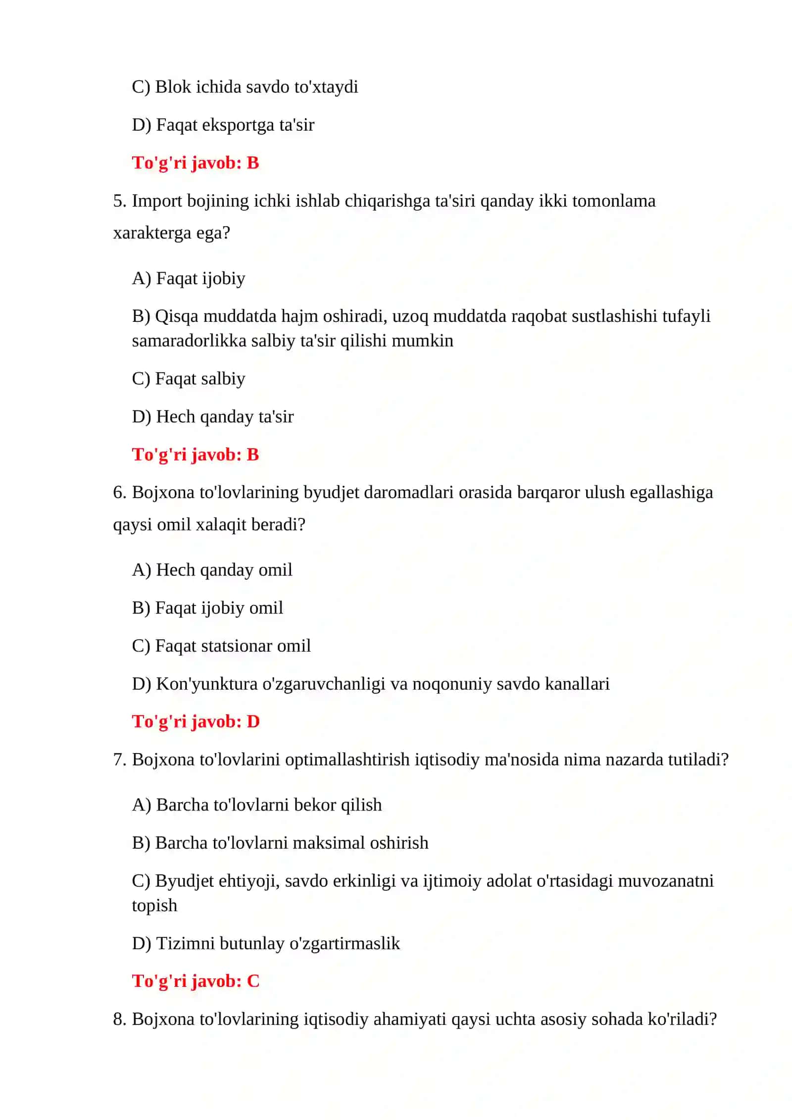 BOJXONA IQTISODIYOTI YAKUNIY TESTLARI 4
